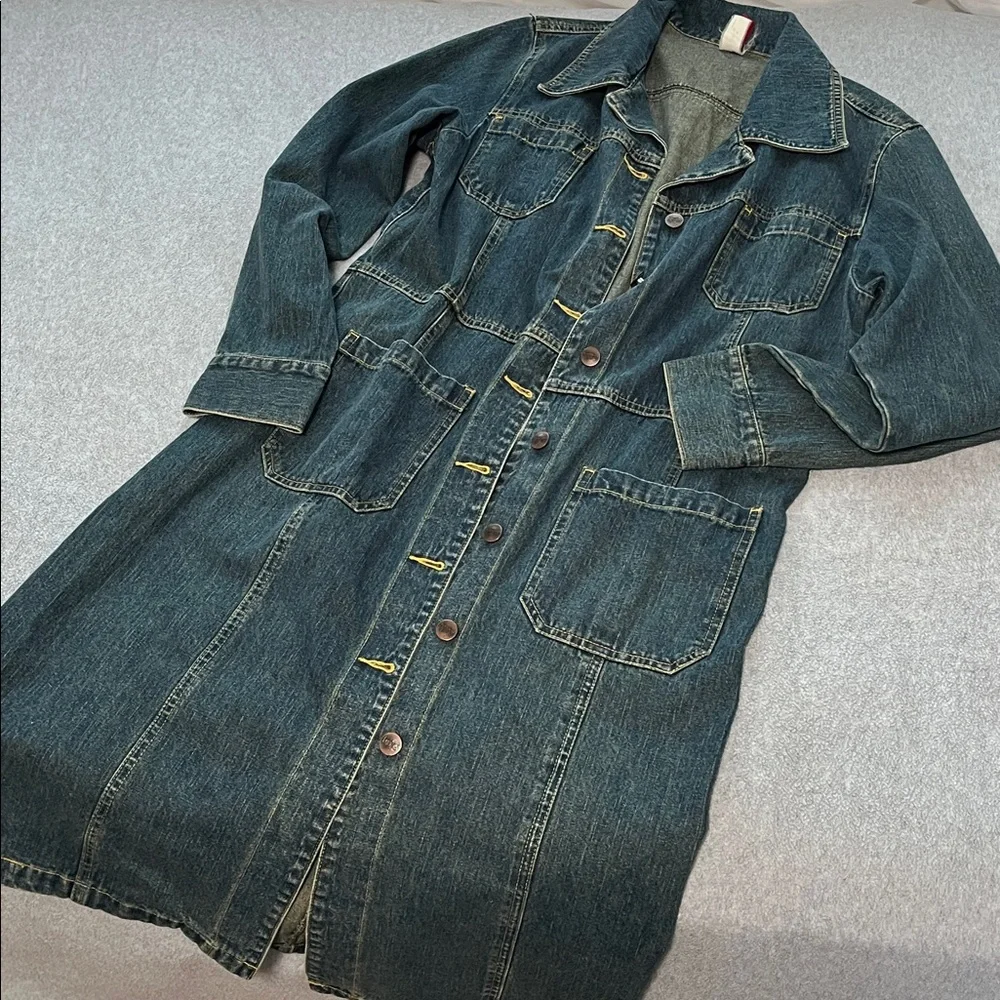 Vintage Y2K Duster Denim Jacket Coat Womens Medium Button Western Festival Long - Picture 12 of 13